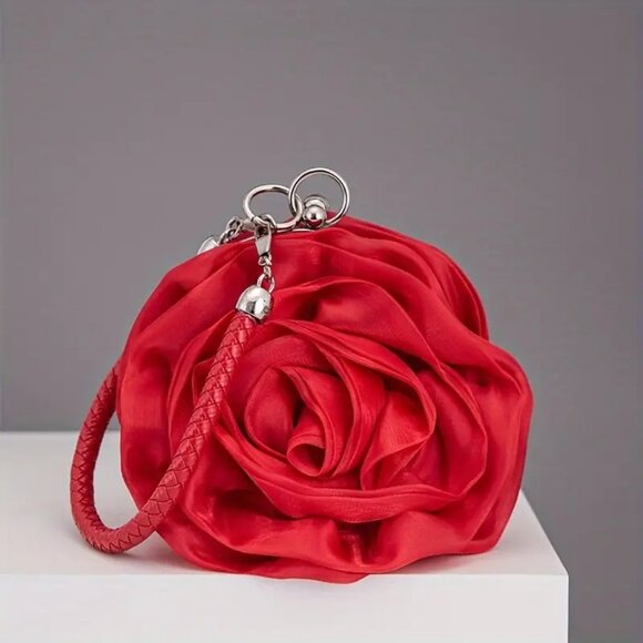Handbags - Prom / Wedding Red Rose Satin Clutch Elegant Floral Evening Bag w/ Handle